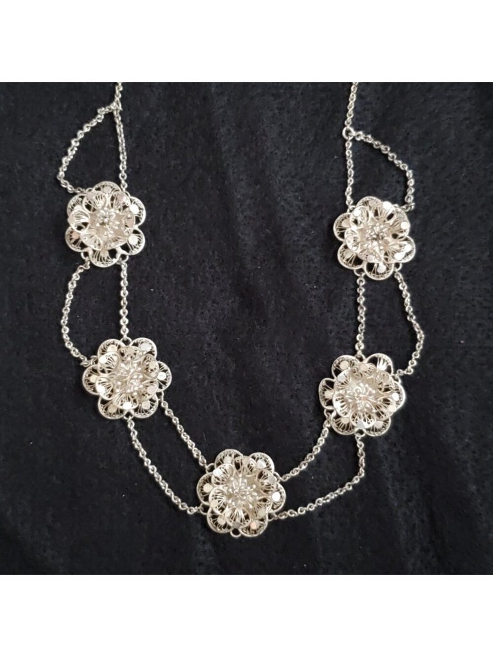 Sterling Silver Cannetille Filigree Necklace Floral Station Swag Choker 15"